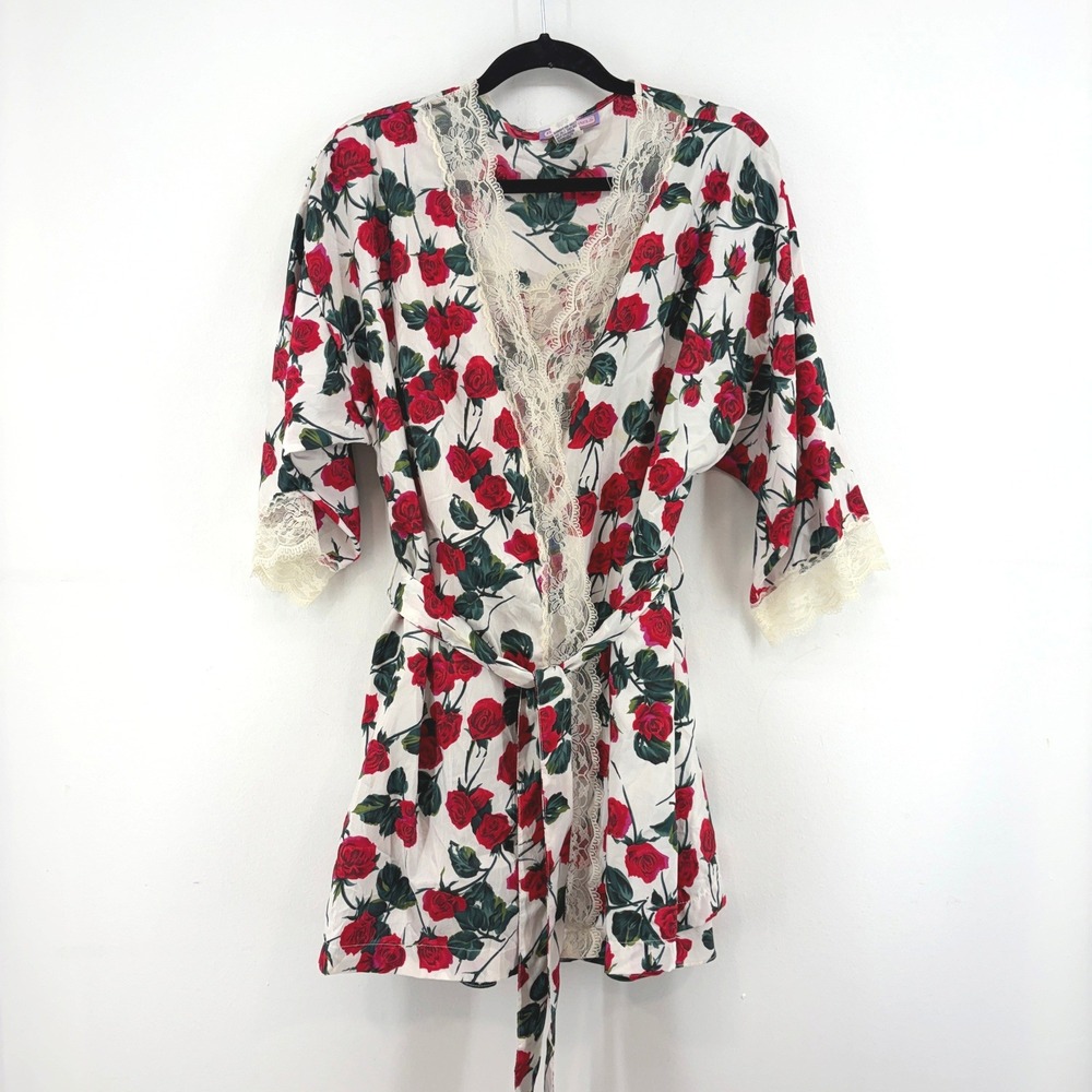 Beth Michaels Vintage Rose Floral Robe White Red Med Romantic Lingerie Boudoir